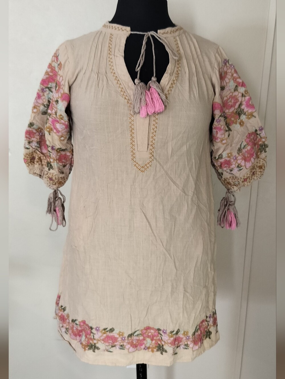 Boho Embroidered Mini Dress with Pink Tassels